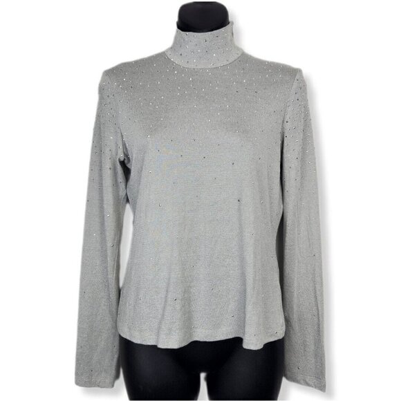St. John Sport Turtleneck Metallic Sweater Top Womens S Silver Studded Sparkle - Picture 1 of 10